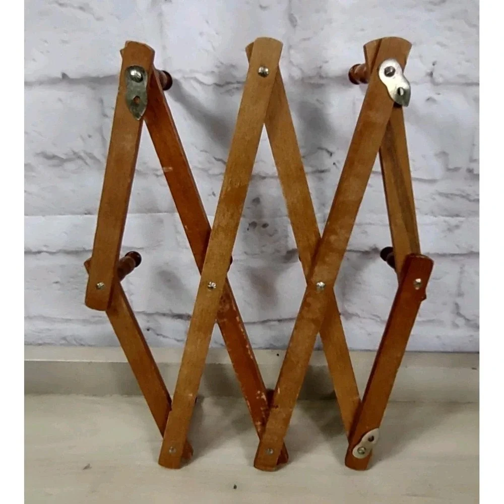 Vintage Wood Accordion Folding Peg Rack 10 Hook Expandable Wall Mug Hat Jewelry
